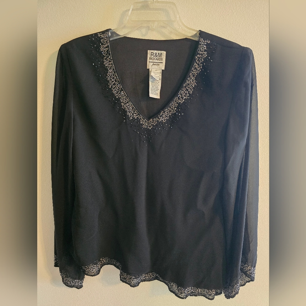 Mom's R&M Richards Black Beaded Women's Holiday Top Blouse